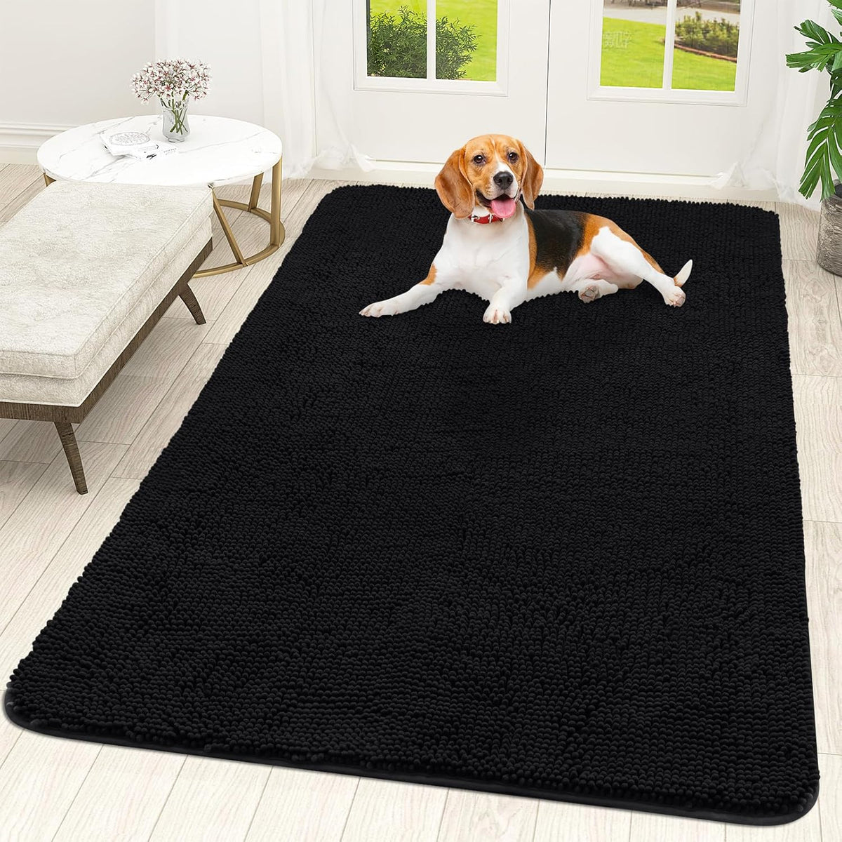 OLANLY Dog Door Mat for Muddy Paws 59x35, Absorbs Moisture and Dirt, Absorbent Non-Slip Washable Doormat, Quick Dry Chenille Mud Mat for Dogs, Entry Indoor Entryway Carpet for Inside Floor, Black