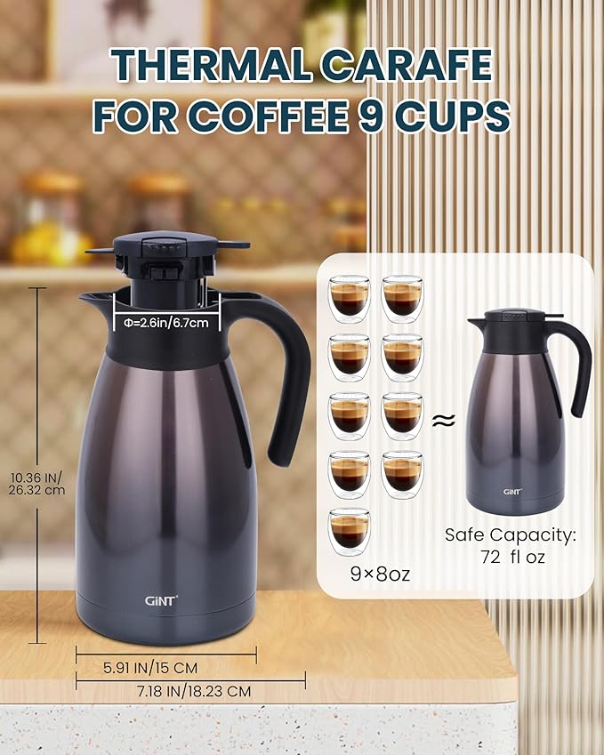 GiNT 2.2L / 74Oz Thermal Coffee Carafe, Insulated Stainless Steel Coffee Carafes