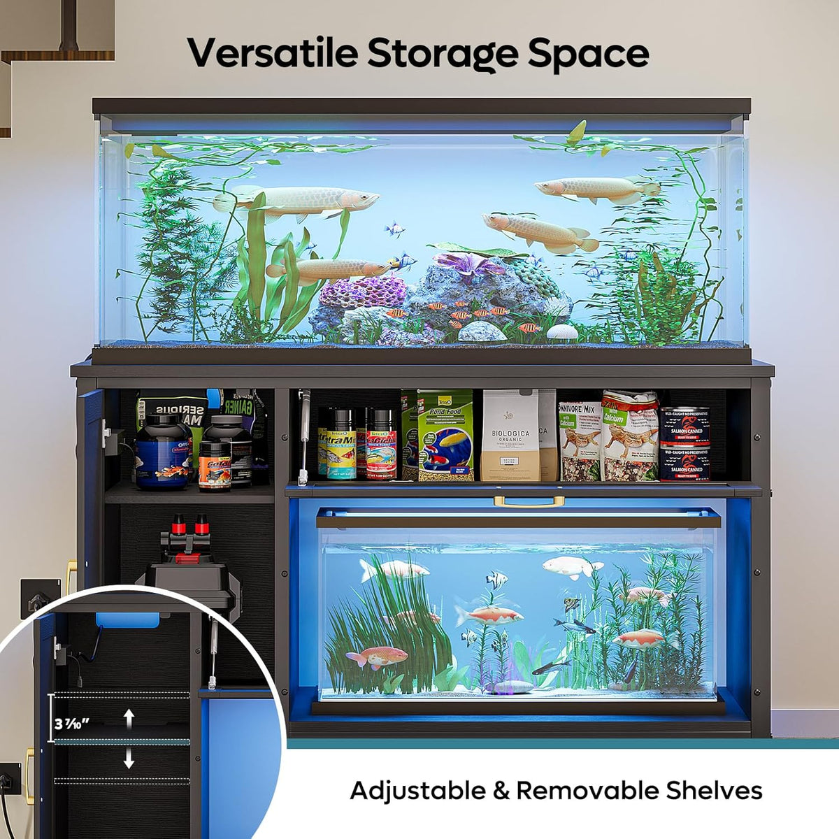 Bestier 55-75 Gallon Fish Tank Stand with Power Outlet&LED Light, 49x19 Heavy-Duty Metal Aquarium Stand with Cabinet&Drawer for Accessories Storage, Suit for Reptile/Turtle Terrarium, 726Lbs Capacity