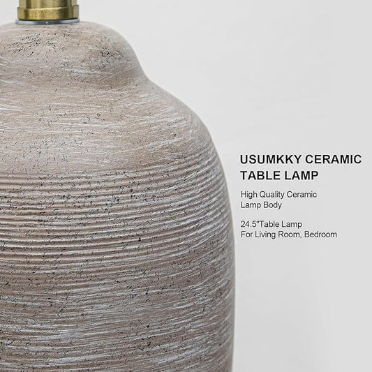 24.5" Handcrafted Ceramic Table Lamp - Single Farmhouse Vintage Rustic Bedside Lighting for Living Room, Bedroom, Entryway | Nightstand & End Table Decor with Linen Shade (Bulb Not Included)
