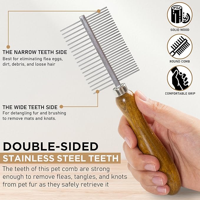Takavu Double-Sided Metal Pet Comb for Dogs & Cats - Stainless Steel Teeth for Detangling, Removing Loose Hair & Flea Check - Grooming Tool