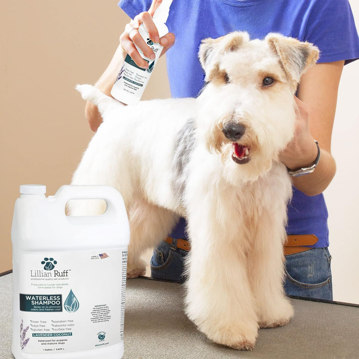 Lillian Ruff Waterless No-Rinse Dog Dry Shampoo Spray with Hydrating Essential Oils - pH-Balanced Dry Shampoo for Dogs - Clean, Condition, Detangle & Deodorize Dry, Sensitive Skin (Gallon)