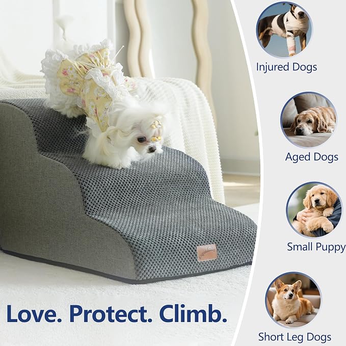 GoGoBunny Ramp Dog Stairs for High Beds 24.4" H, 5-Step Extra Wide Dog Slope Stairs with Durable Waterproof Fabric Cover, Pet Steps for Old Large Dogs Climbing, Non-Slip Sturdy Indoor Step, Grey