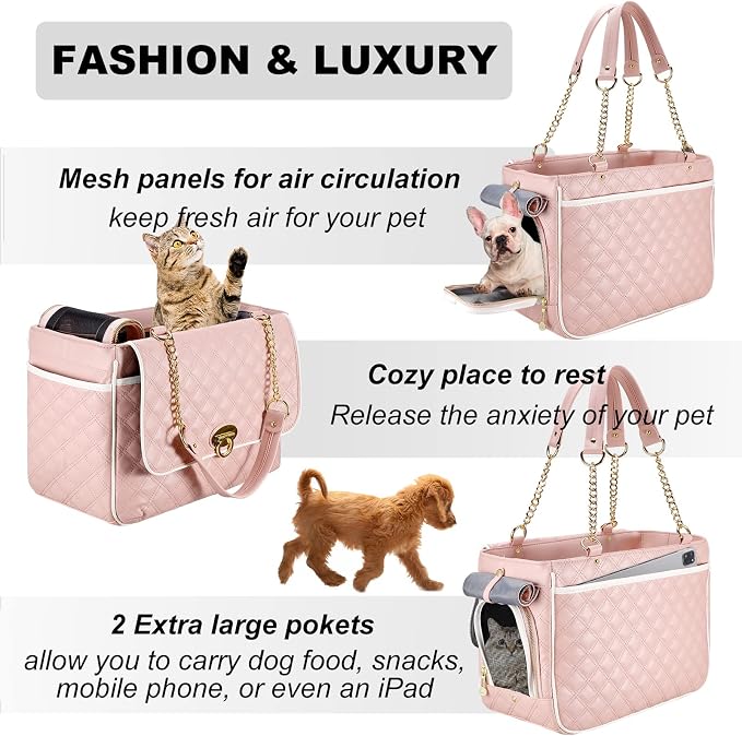 Fashion Dog Purse Carrier for Small Dogs with 2 Super-Large Pockets, Holds Up to 10lbs PU Leather Pet, Cat Carrier, Airline Approved Puppy Purse for Travel (Pink, Small Size)