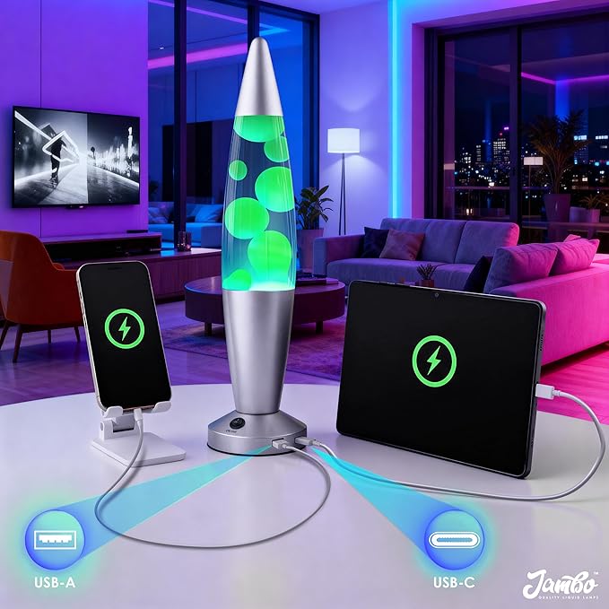 JAMBO Beautiful Liquid Lamp with USB Ports, 16" Motion Light with Blue Liquid Yellow Wax, Relaxing Nightlight, Mood Light for Bedroom, Living Room, Office - Adults, Teens, Kids