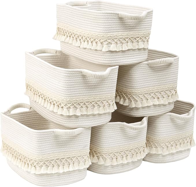 6 Pack Storage Basket for Shelves, Boho Cotton Rope Storage Bins with Heavy Tassel, Shelf Baskets Large Woven Baskets for Organizing, Cube Organizer Bins, Baby Laundry Basket for Clothes, Toys, Pets