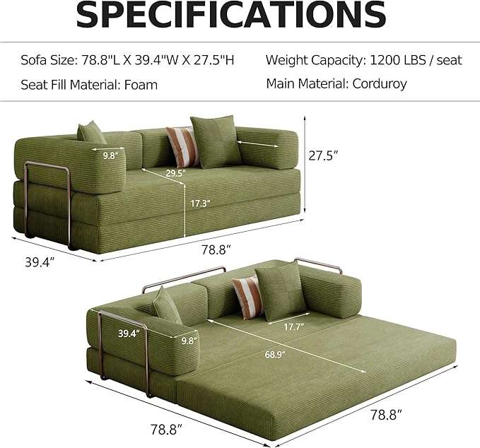78.8''Convertible Sleeper Sofa Bed,Compressed Floor Boneless Couch,Modular Modern Corduroy Sofa for Living Room Bedroom -with Fixed-Shape Frame and Support Armrest,Easy Assembly(Fruit Green)
