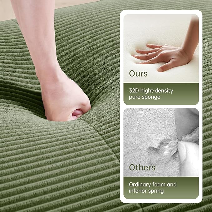 152" Modern Corduroy Cloud Sofa, Boneless Modular Large Sectional Couches for Living Room, Green 4 Seater Compressed Memory Foam Couch, Extra Deep Seat, No Assembly