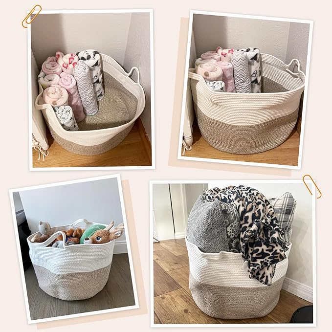 INDRESSME Large Laundry Basket, 21.7'' x 13.8'' Cotton Rope Blanket Basket Living Room Toy Baskets Storage Kids, Woven Baskets for Dirty Clothes, Pillows, Towel, 90L Light Brown
