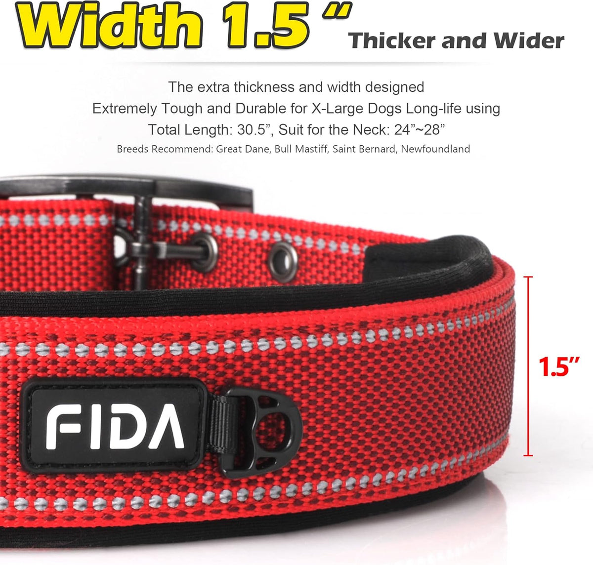 Fida Heavy Duty Dog Collar 1.5” Width, Ultra Soft Neoprene Padded, Adjustable Reflective Nylon Pet Collar with Two Metal Pin Belt Buckle for Large/X-Large Breeds (XL, Red)