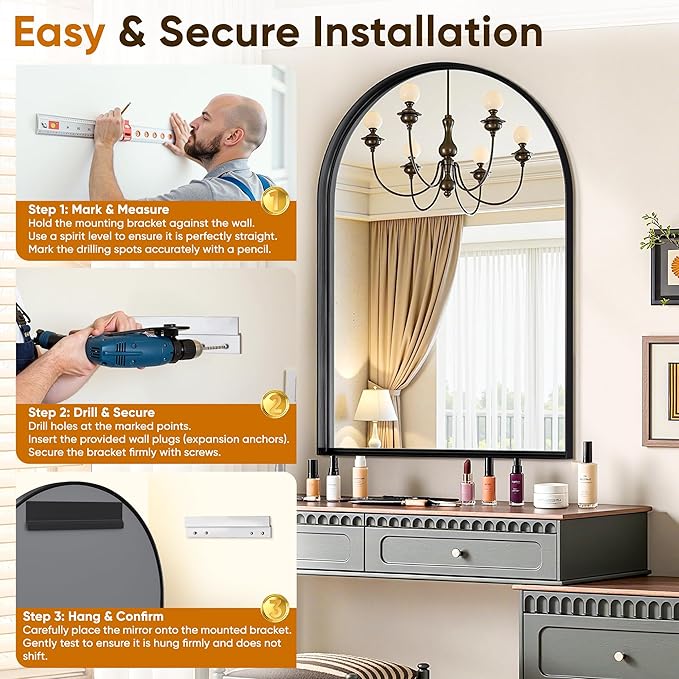 Arched Mirror 24"x36", Bathroom Mirror, Wall Mounted Vanity Mirror