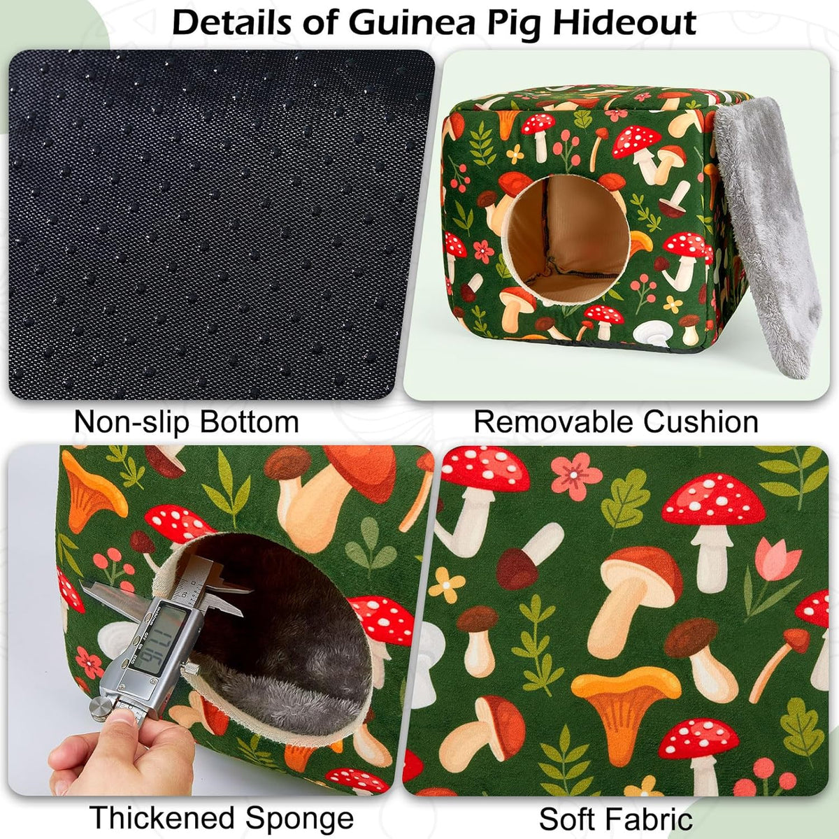 Bienbee Guinea Pig Hideout, Washable Guinea Pigs House Cozy Guinea Pigs Bed for Small Pet Bunny/Rabbit/Hamster/Chinchilla Guinea Pig Accessories Green Mushroom