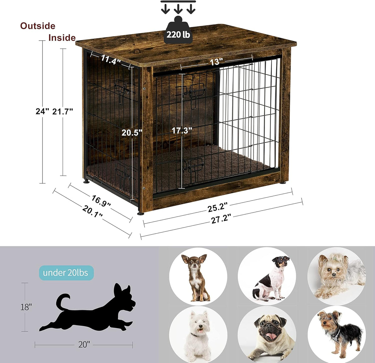 DWANTON Dog Crate Furniture with Cushion, Wooden Kennel Table with Double Doors, Indoor Dog House, Small/Medium/Large/Extra Large Size, 27.2" L, Rustic Brown