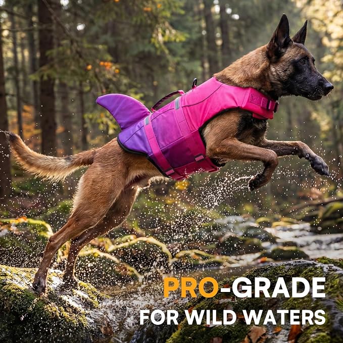 Dog Life Jacket High Flotation, Reflective Dog Life Vest for Swimming, Adjustable Dogs Life Preserver Rescue Handle Spring Summer Pool for Small, Medium, Large Dogs (Pink Purple,M)
