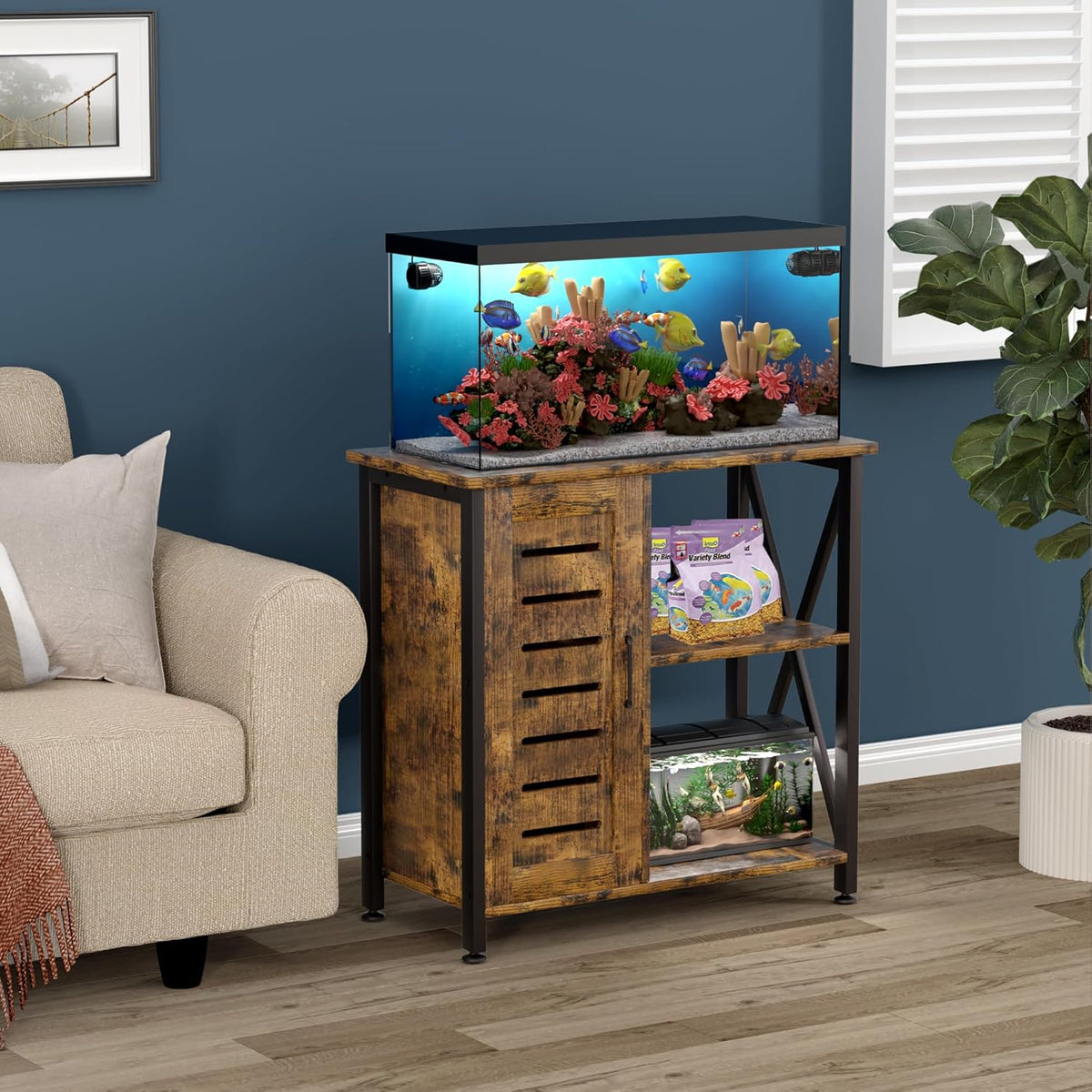 20-29 Gallon Fish Tank Stand, Aquarium Stand with Cabinet Accessories Storage, Heavy Duty Metal Frame, 31.49" L*15.74" W Tabletop, 330LBS Capacity, Rustic Brown PG07YGN