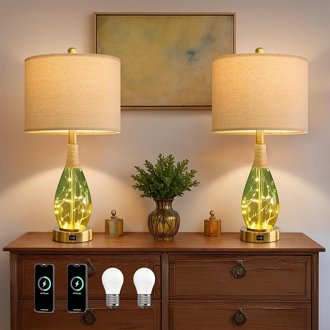 OYEARS 23" Table Lamps Set of 2,Farmhouse Lamps with Glass Nightlight, Bedside Lamps for Living Room, Rattan Lamps for Bedroom Nightstands, Two Light Points