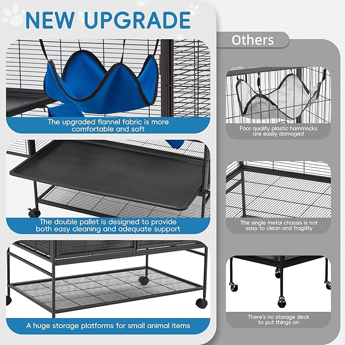 HABUTWAY 40''H Large Metal Rolling Ferrets Cage, 2-Tiers Small Animal Cages, Cage for Rats/Chinchillas, 0.5'' Bar Spacing for Ferret,Small Animal Cage w/Removable Ramp & Platform