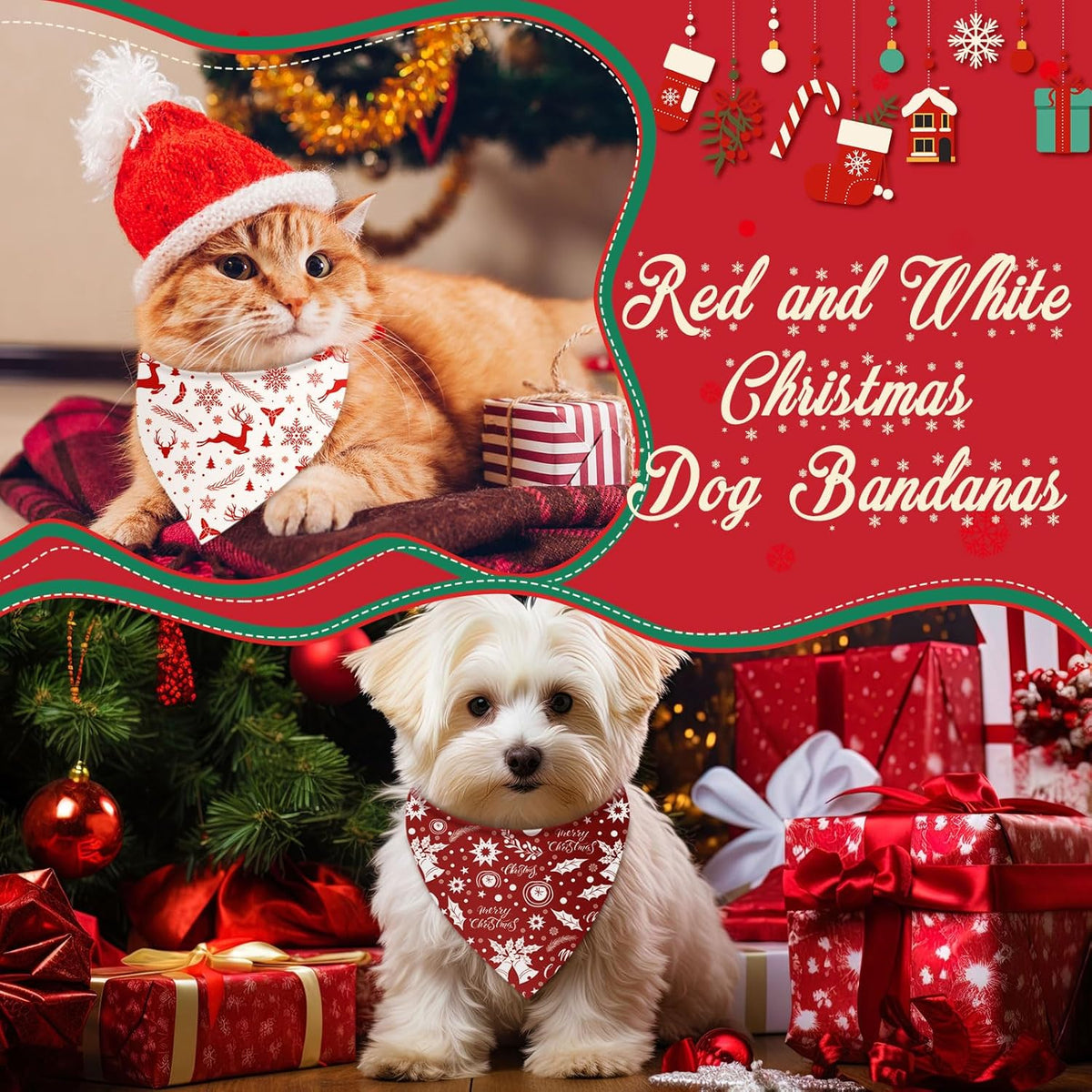 Abbylike 50 Pcs Christmas Dog Bandanas Bulk Xmas Red and White Bandanas for Dogs Triangle Kerchief Bibs Scarf Set for Pet Christmas Costume Photo Props Accessories Pet Shops (19.7 x 13.8 x 13.8)