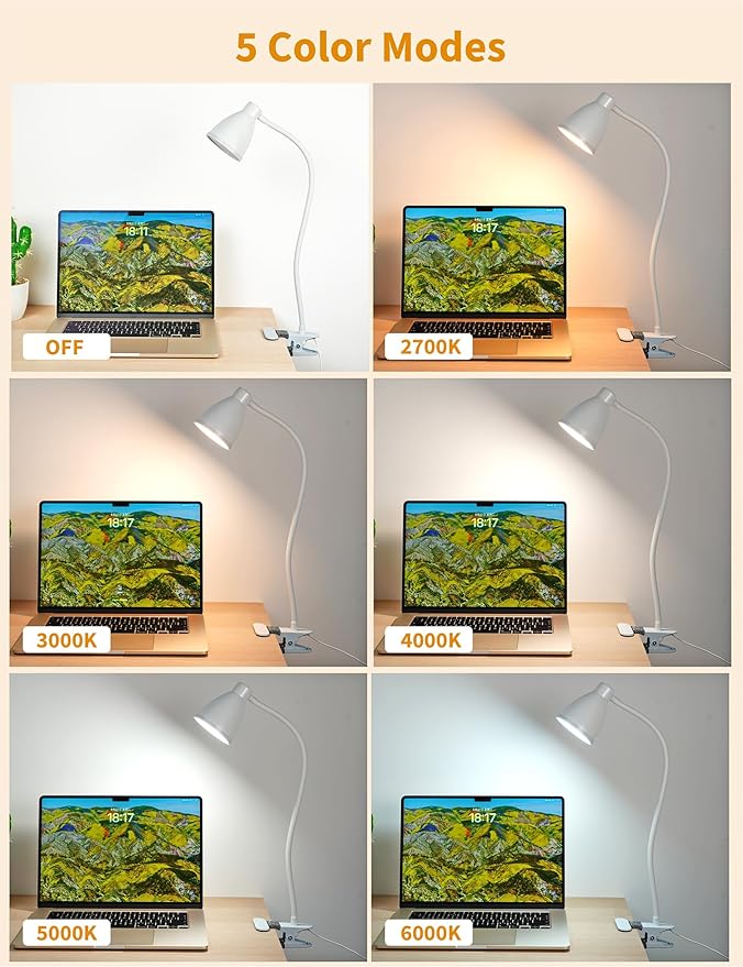 BOHON Clamp Lamp Reading Light 5 Color Modes 10 Brightness Dimmer Bedside Lamp 10W 38 LED Desk Lamp with Auto Off Timer 360° Flexible Gooseneck Clip on Light for Bed Office, Adapter Include, White