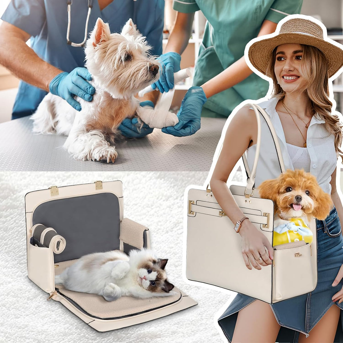 2-in-1 Stylish Dog Purse Carrier Soft-Sided Carriers Travel Tote Bag for Small Dogs Cats, Fashion Foldable Pet Bag for Puppies Small Animals with Pockets (White, 15" L x 7.5" W x 12.2" H)