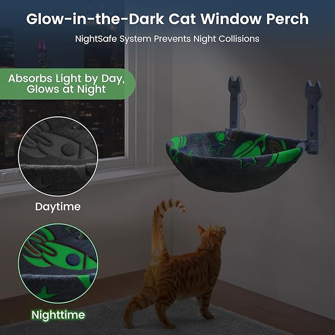 Cat Window Perch, Glow in The Dark Foldable Cat Hammock with Sunken Design & Removable Soft Cover, Breathable Cordless Window Bed for Resting Indoor Kitten (Grey Deep Perch, Medium)