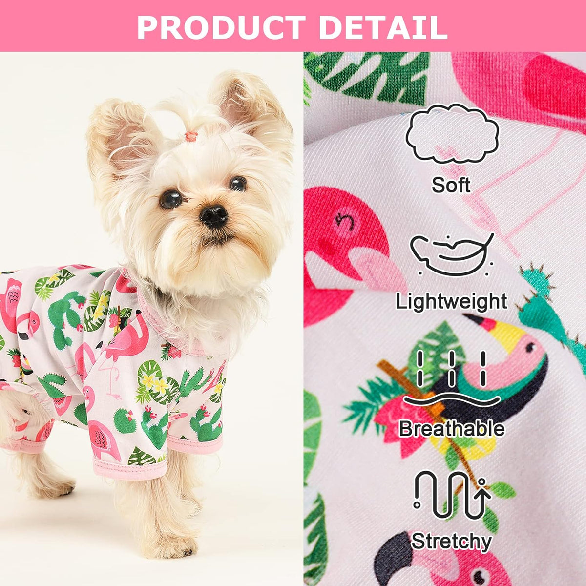 Dog Pajamas Pjs Summer Dog Clothes for Small Dogs Girl - Boy - Medium Size Dogs, Soft Stretchy Puppy Clothes Doggie Onesies Fall Cat Pet Jammies Outfit Tropical Flamingo, Pink