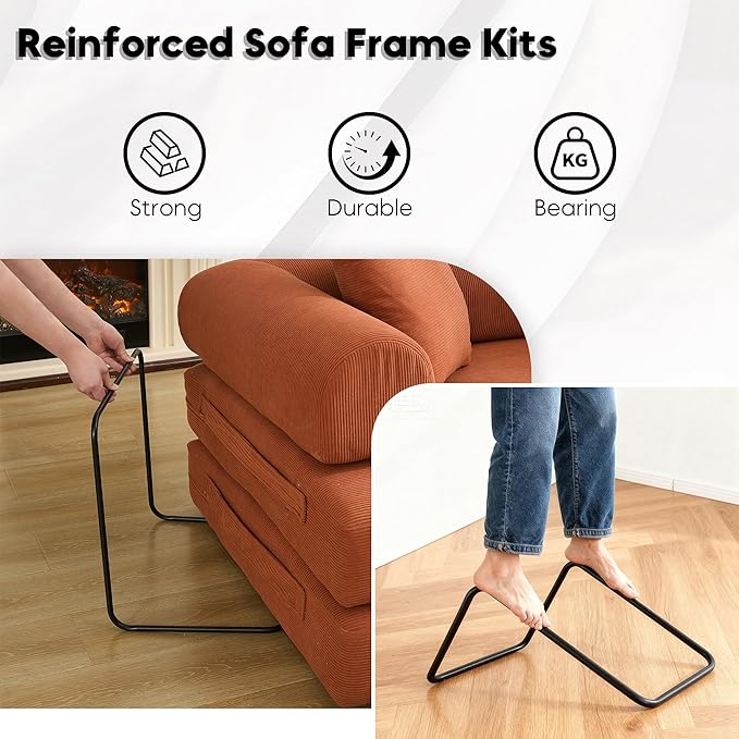Convertible Sleeper Sofa Bed with Cylindrical Pillow, Corduroy Folding Mattress Couch with Fixed-Shape Frame, Floor Sofa Lounge Couch for Living Room Bedroom Lounge Studio, Orange