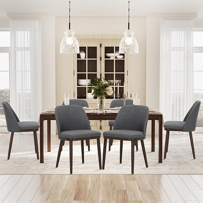 COLAMY Upholstered Dining Chairs Set of 6, Modern Kitchen Chairs with Back, Wood Side Dining Room Chairs for Kitchen, Dining Room, Restaurant, Light Grey