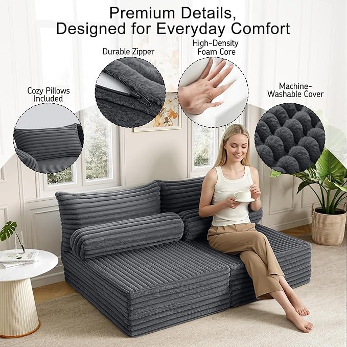 MeMoreCool Convertible Sofa Bed, Folding Floor Couch Bed Queen, Pull Out Sleeper Couch with Pillows, Fold Out Futon Sofa for Bedroom Living Room Small Space, Corduroy Grey