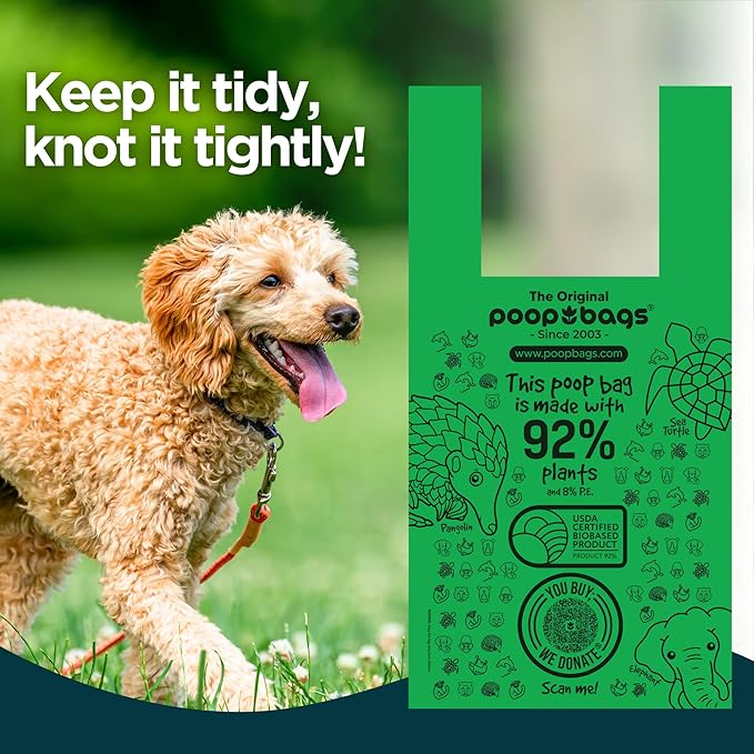 The Original Poop Bags® Tie-Handle Dog Waste Bags, 92% Plant-Based, USDA Certified, Heavy Duty, Large (360 Count (Pack of 3))