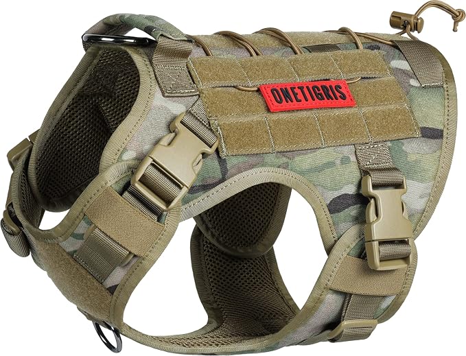 OneTigris Tactical Dog Harness with Handle Adjustable for Medium Large Dogs | Military 1000D Pullable Nylon, No-Pull Service Vest with Hook & Loop Panels, Easy On & Off for Walking Hiking Training Camo M