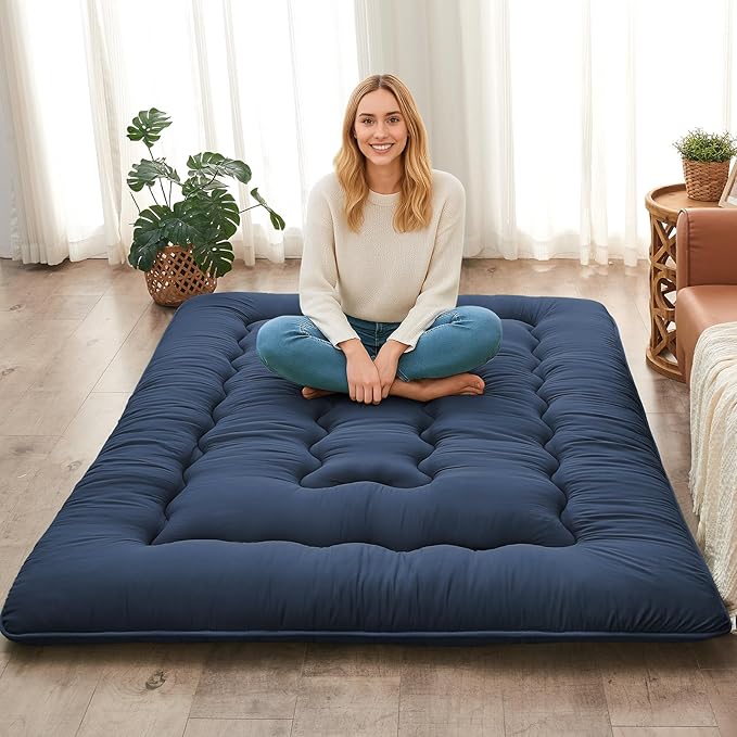 DAICO Japanese Floor Mattress, 4'' Thicken Futon Mattress Tatami Mat, Sleeping Pad Foldable Roll Up Mat for Camping and Guest Room, Twin Size 39''*80'', Navy