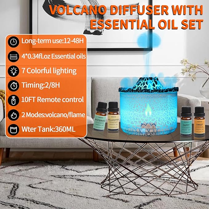 BOHOFAM Essential Oil Diffuser 360ML, Volcano and Flame Diffuser/Humidifier 2