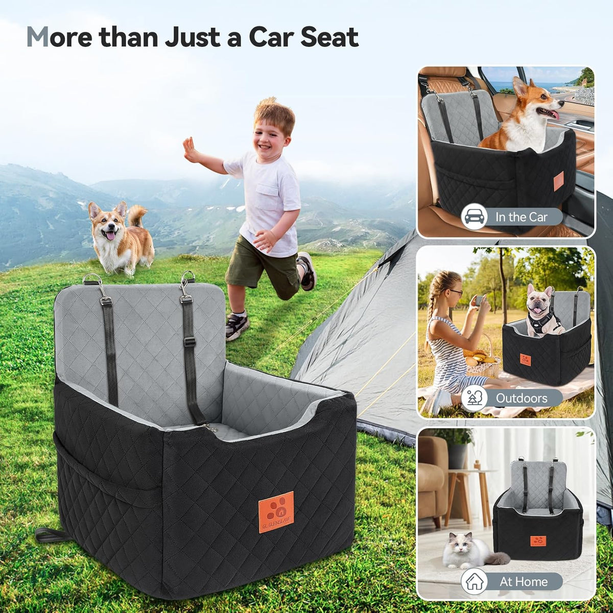 Dog Car Seat for Small/Medium Dogs Under 35lbs,Memory Foam Dog Booster Seats,Detachable and Washable Traval Pet Car Seat, Dogs Bed with 2 Safety Belts(Balck/Grey)