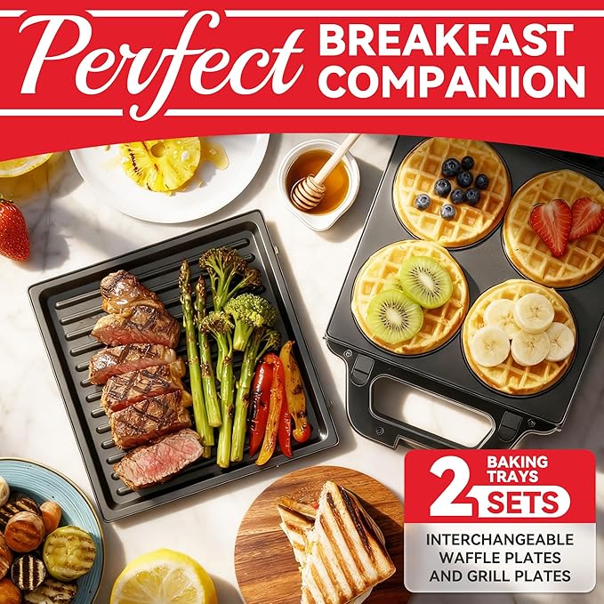 2 in 1 Mini Waffle Maker with Removable Plates, Panini Press Sandwich Maker