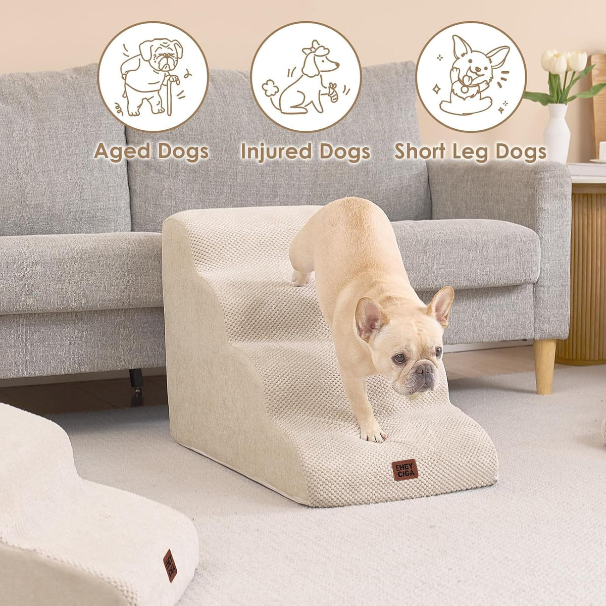 EHEYCIGA Curved Dog Stairs Ramp for High Beds 19.7" H, 4-Step Dog Steps for Small Dogs and Cats, Pet Stairs for High Bed Climbing, Non-Slip Balanced Pet Step Indoor, Beige