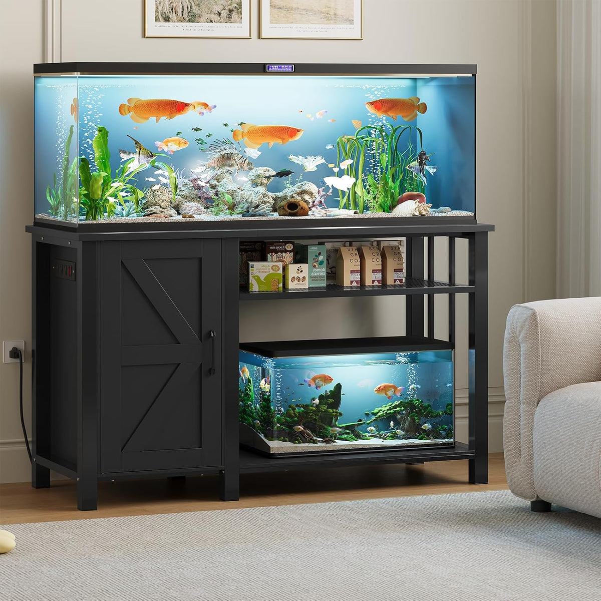 55-75 Gallon Aquarium Stand with Power Outlet, Heavy Duty Fish Tank Stand with Cabinet Storage & Adjustable Shelf, for Fish Tank, Turtle Tank, Reptile Terrarium, 1000LBS Capacity, Black