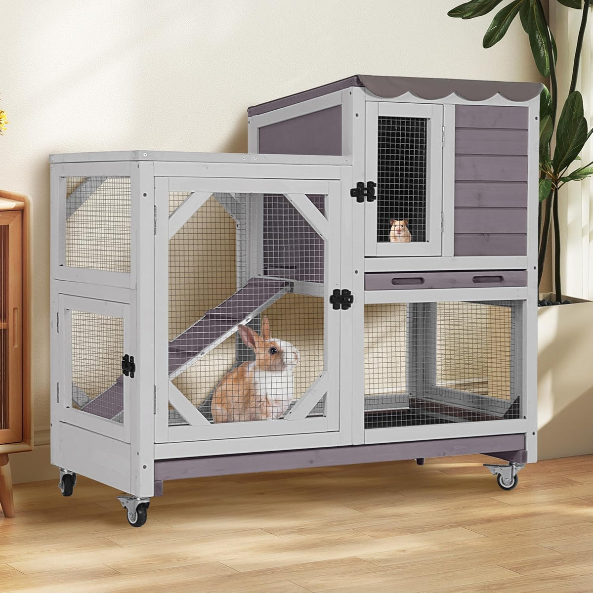 Rabbit Hutch 2-Story Wooden Bunny Cage with 2 Leak-Proof Sliding Trays, Chew-Proof Metal Mesh, Rainproof Cover, Indoor & Outdoor Guinea Pig House with Wheels - Grey