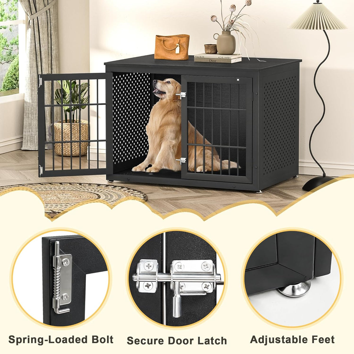 42" Heavy Duty Dog Crate Furniture for Large and Medium Dogs, Enclosed Design Wooden Metal Kennel, Wooden Cage Furniture Indoor, Decorative Dog Kennel End Table