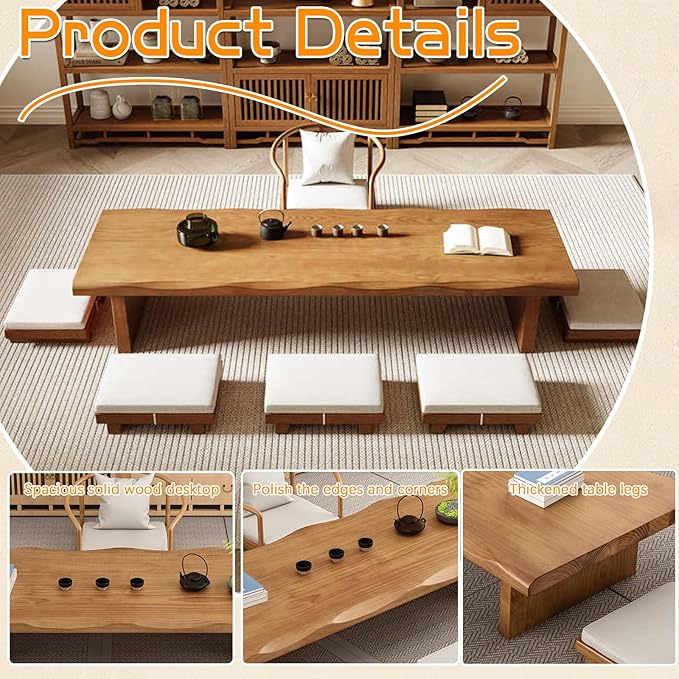 Solid Wood Japanese Tea Table, Simple and Modern Low Design, Tatami Tea Style, Zen-Inspired Kotatsu, Bay Window Seating, Floor Style (Black, 200 * 60 * 35cm)