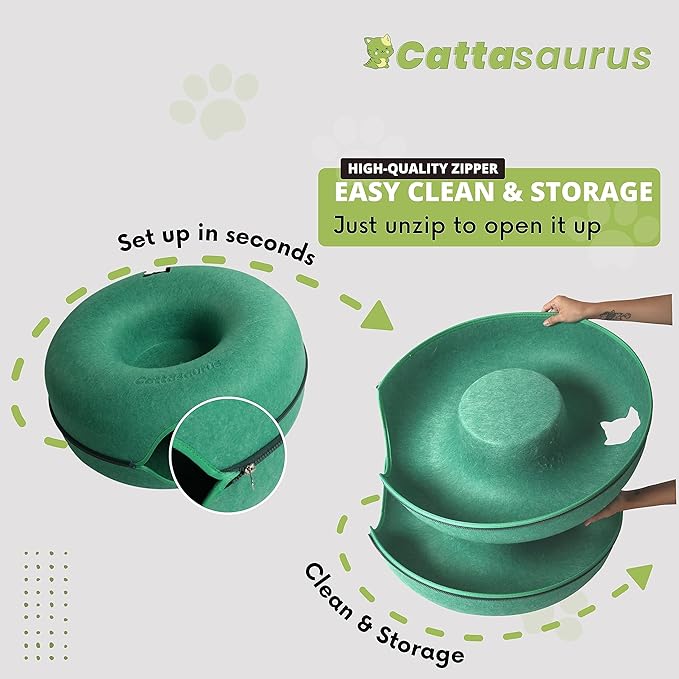 CATTASAURUS Peekaboo Cat Cave for Multiple & Large Cats Up to 30-45 Lbs, Scratch Detachable & Washable Tunnel Bed, Comfy Donut Cat Cave (Forest Green, Large)