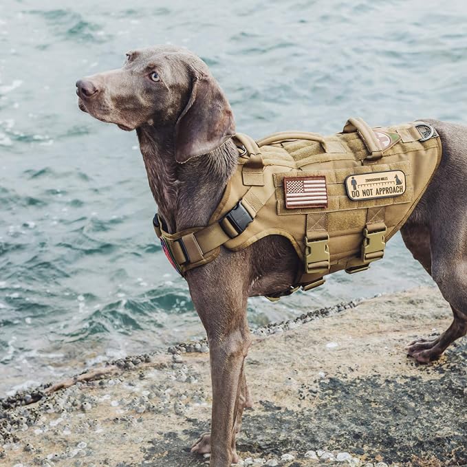OneTigris Large Tactical Dog Harness, No Pulling Adjustable Dog Vest Harness, Heavy Duty Dog Harness with Handle, Large Hook and Loop Panels for Patch(Brown,S)