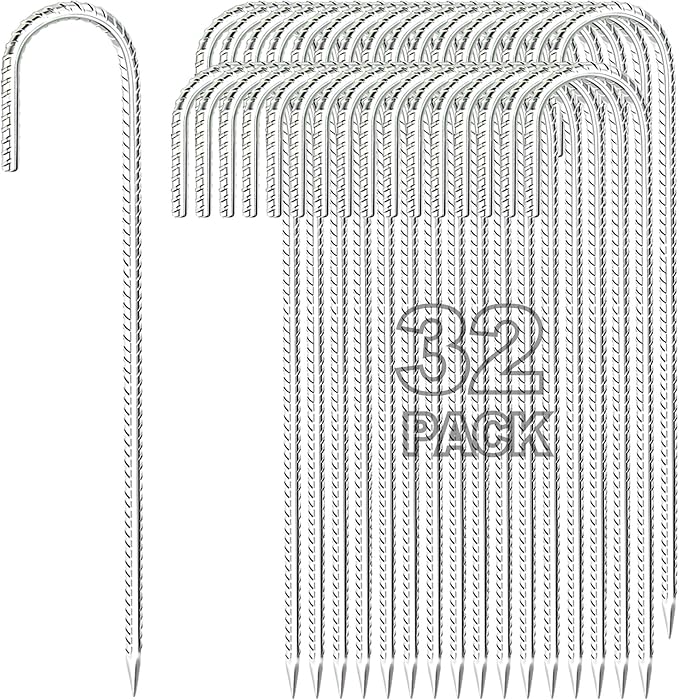 Kadrick Rebar Stakes 12 inch，J Hook Ground Stakes Anchors, 32-Pack White Galvanized Fence Stakes,Heavy Duty 5/16'' Diameter