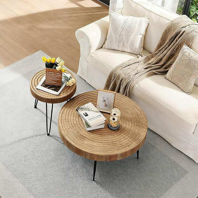 RUSTOWN Farmhouse Round Coffee Table Set of 2, Helical Ring Cocktail Table Set, Modern Circle Natural Wood Finsh Side and End Table Sets for Living Room, Natural