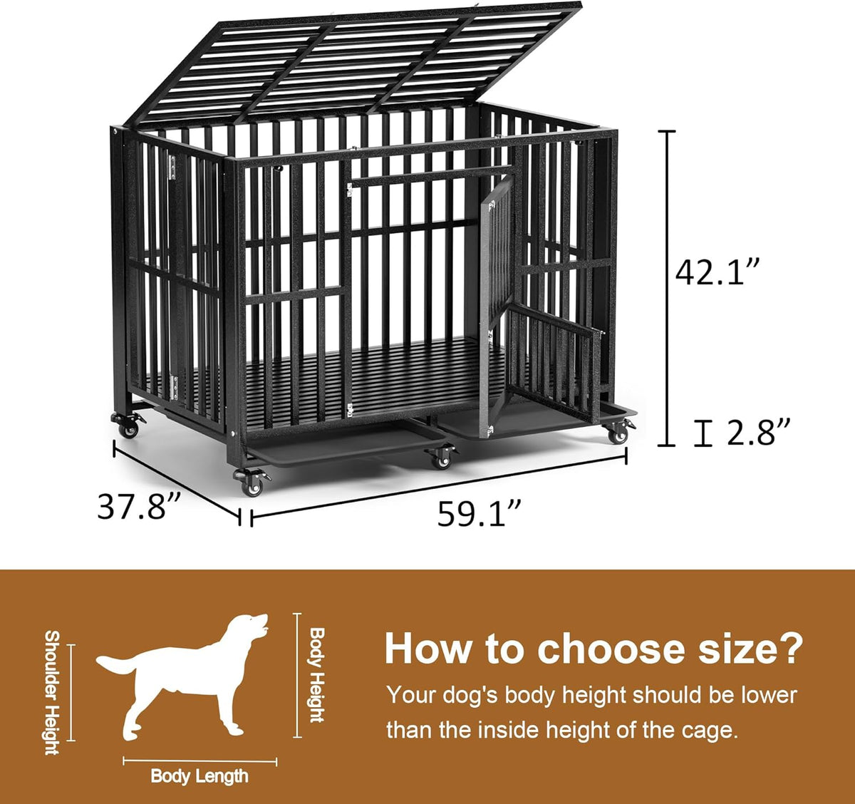 Polar Aurora Heavy Duty Dog Crate, Foldable Indestructible Dog Kennel, Escape Proof Extra Large Dog Cage with Lockable Wheels, High Anxiety Pet Playpen with Double Door for Indoor/Outdoor Use. (60in)