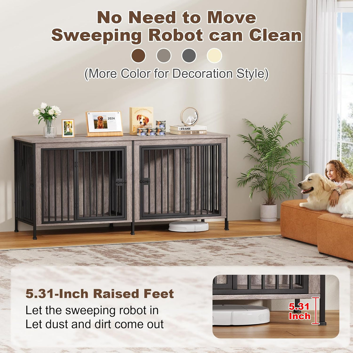 EasyCom 78 Inch Dog Cage Furniture for 2 Pets with Divider, XXL Wooden Double Dog Crate Furniture TV Stand for Mideum and Large Breed, Durable and Sturdy