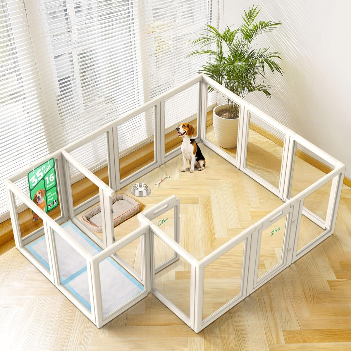 FXW AuraSpace Acrylic Indoor Unleashed Dog Playpen for Medium Dogs, 35 Inch, 16 Panels, White
