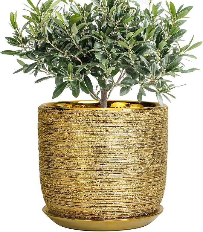 8 Inch Plant Pot - Ceramic Planter with Drainage Hole and Saucer, Modern Round Planter for Indoor Flowers, Gifts for Plant Lovers, Home House Office Room Decor, Gold