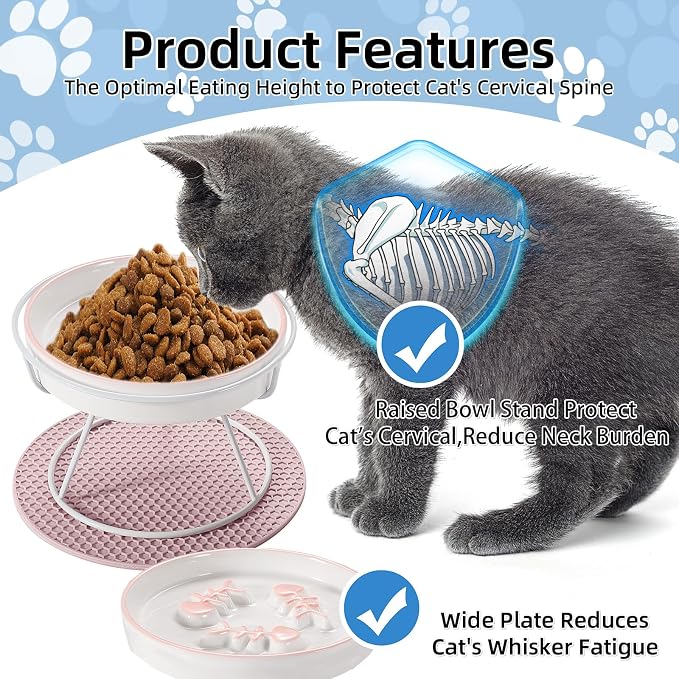 Ceramic Elevated Slow Feeder Cat Bowl, Anti Vomit, Removable Dish Pink | Removable Ceramic Bowl Elevated Slow Feeder Whisker-Friendly Wet & Dry Food Metal Stand