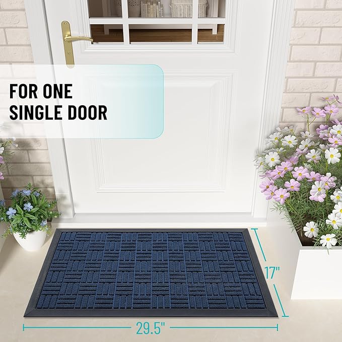 OLANLY Front Door Mat Outside Entrance 29.5x17, Absorbent, Heavy Duty Sturdy Natural Rubber Doormat Indoor Outdoor, Non-Slip, Stain and Fade Resistant, Low Profile Floor Mat for Entryway, Navy Blue